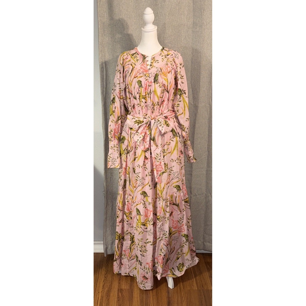 Happy X Nature Maxi Dress Women's Size L Pink Floral Bird Print Resort Cotton